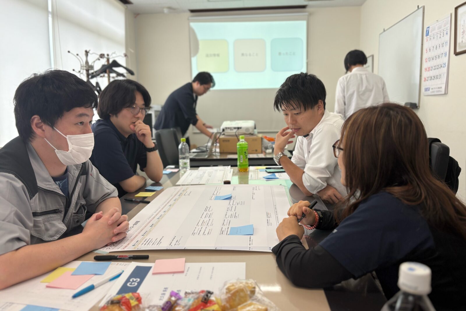 部署を越えた4人のグループで業務フロー図について話し合う参加者